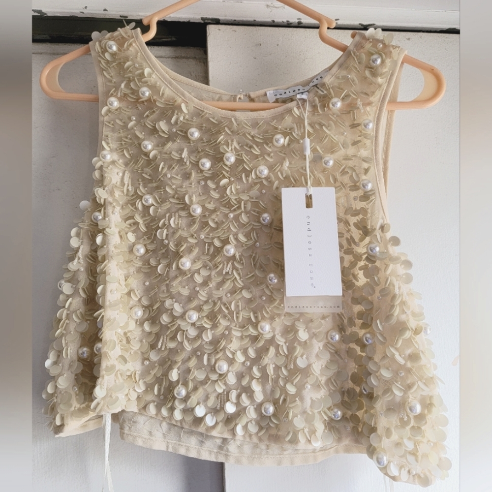 Cream colored pearl beaded and sequin embellished crop tank
